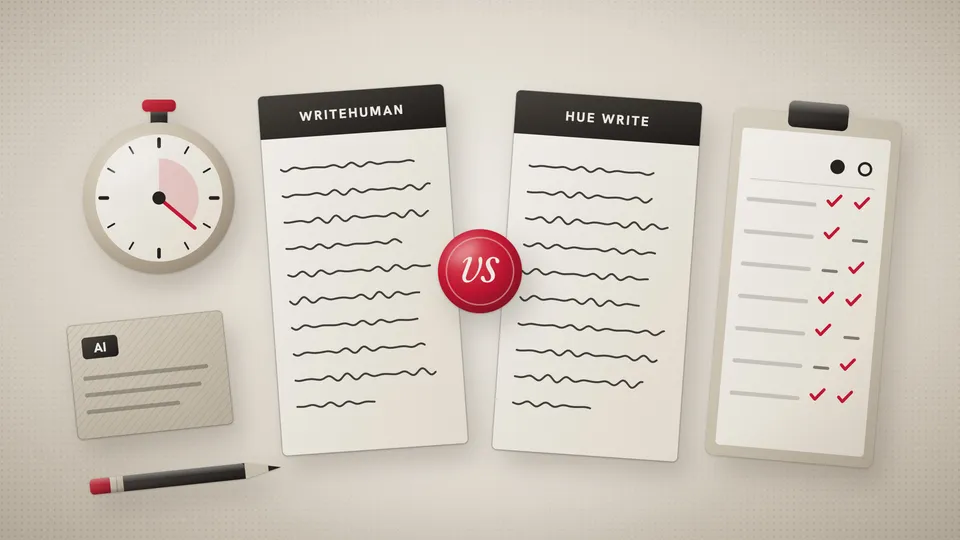 Illustration of two rewritten pages labeled WriteHuman and Hue Write facing each other across a red vs seal, with a stopwatch, an AI-written draft card and a two-column scorecard.