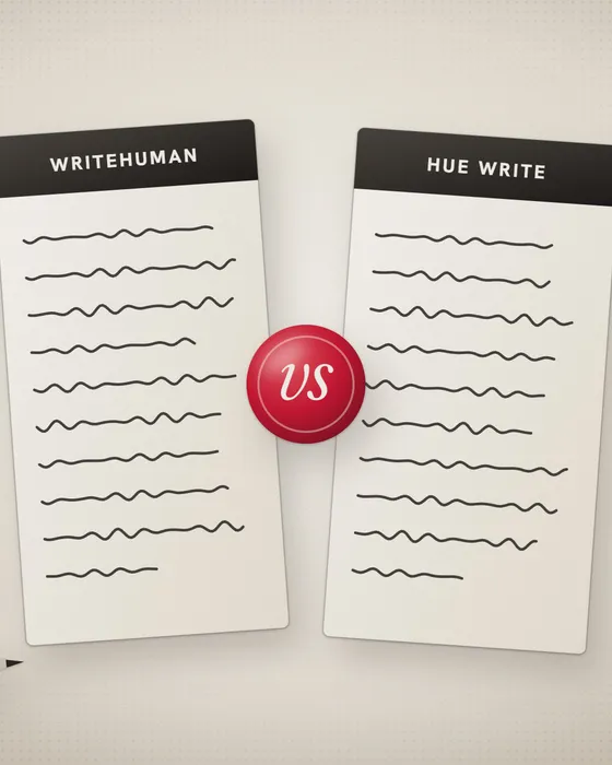 Illustration of two rewritten pages labeled WriteHuman and Hue Write facing each other across a red vs seal, with a stopwatch, an AI-written draft card and a two-column scorecard.