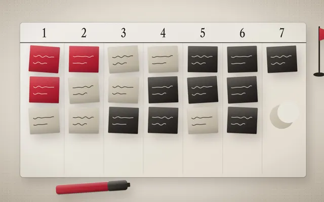 Illustration of a seven-day planner whose sticky notes turn from crimson to grey to black as topics are learned, with a moon on day 7 for rest and a flag for the exam.